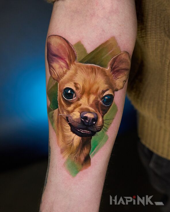 Tattoo Dog Portrait 2 in colorful motif and realistic style on the forearm