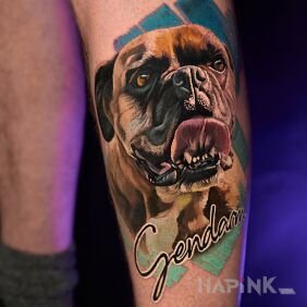 Tattoo Dog Portrait 3 on the calf motif: colorful style: realistic