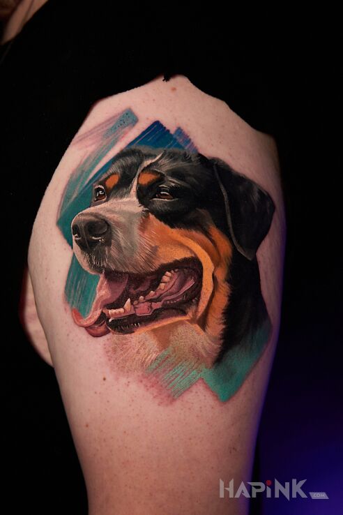 Tattoo Dog portrait 4 in animals motif and realistic style On the arm