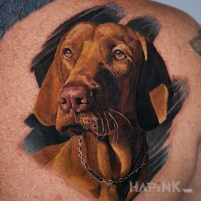 Tattoo Dog Portrait 5 on the back motif: 3D style: realistic