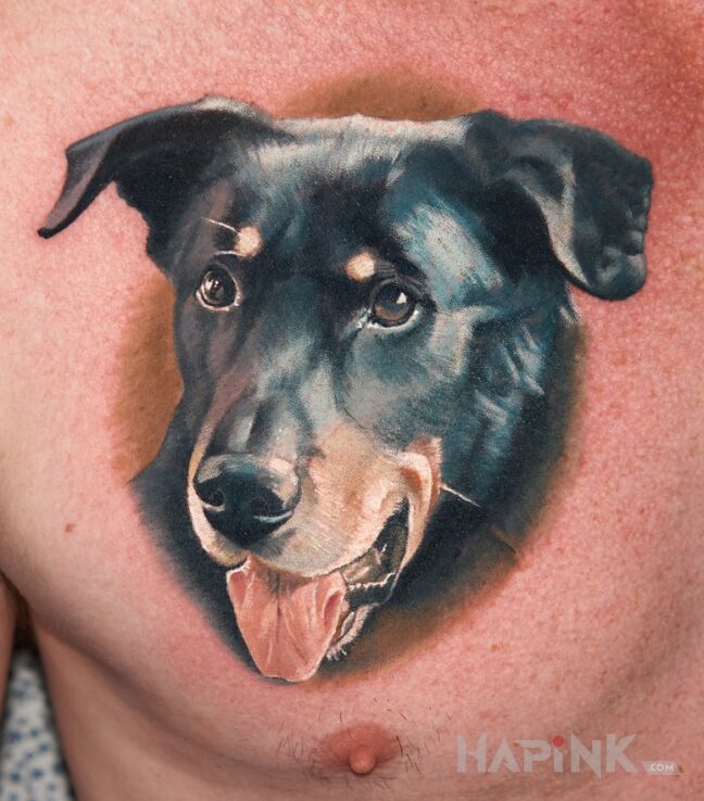 Tattoo Dog portrait 7 in colorful motif and realistic style on the chest