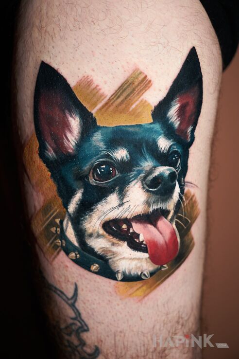Tattoo Dog portrait 8 in animals motif and realistic style on the leg