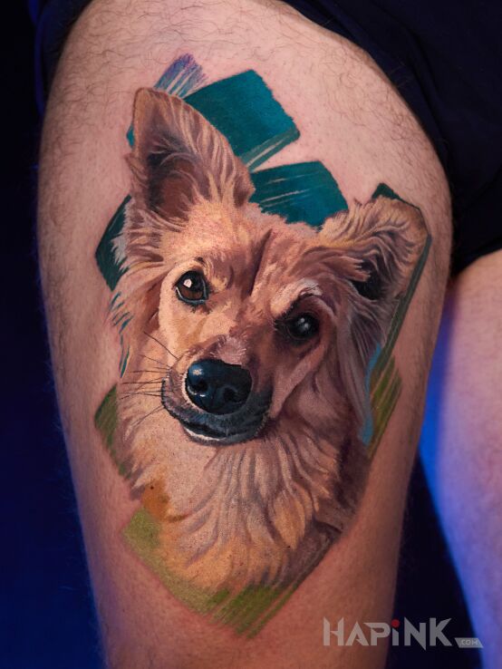 Tattoo Dog Portrait 9 in colorful motif and realistic style on the leg