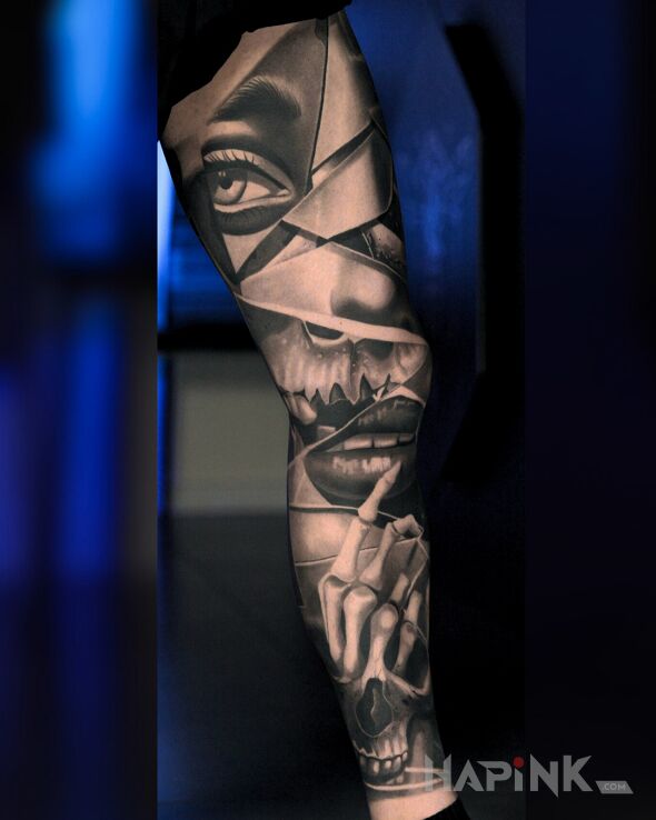 Tattoo Large composition on the entire leg in black and gray motif and realistic style on the leg