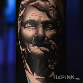 Tattoo Portrait of an elderly woman with a cigar on the upper arm motif: 3D style: realistic