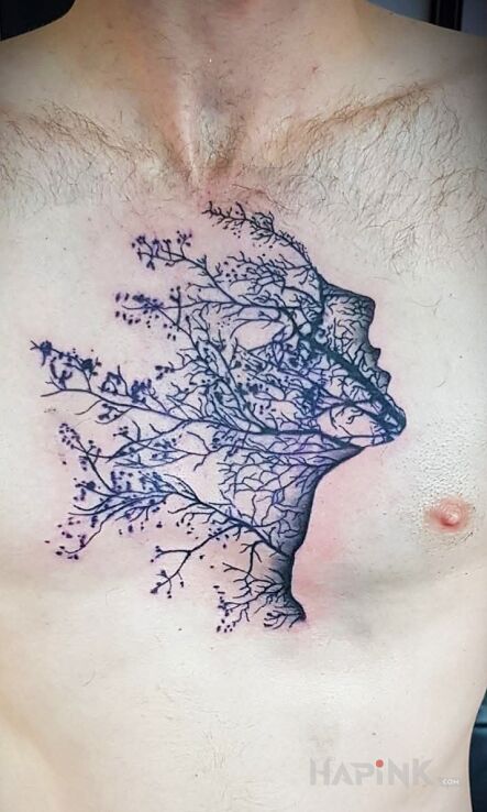 Tattoo Tree in floral motif and graphic / illustrative style on the chest