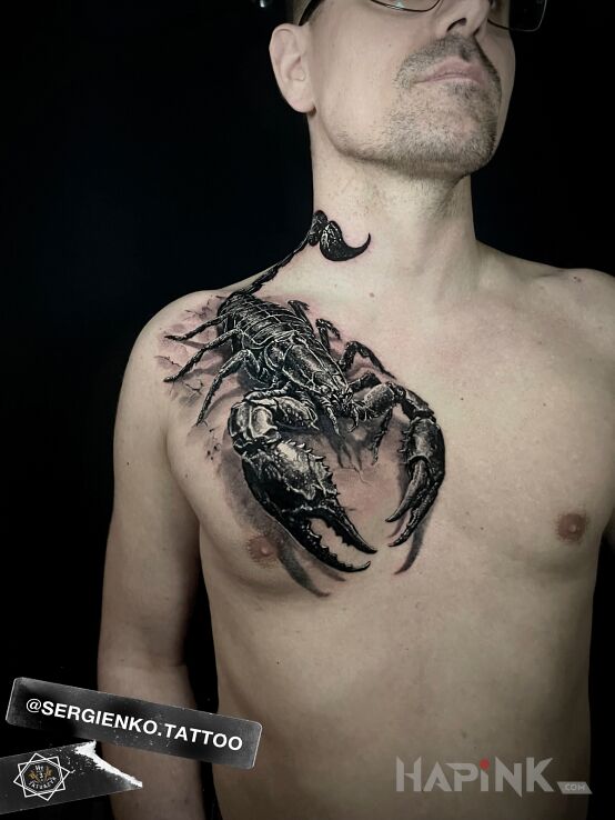 Tattoo Realistic Scorpion in zodiac signs motif and realistic style on the chest