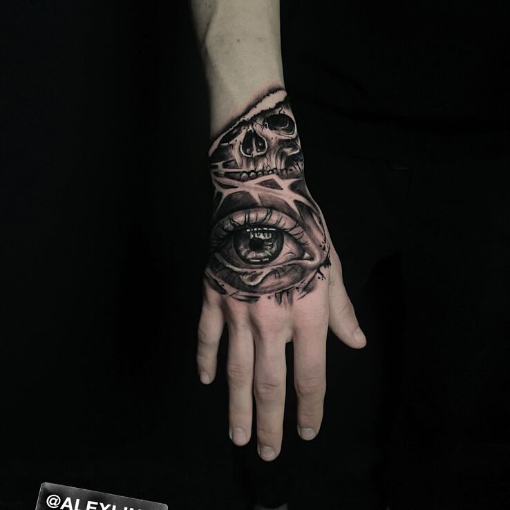 Tattoo Eye with skull in skulls motif and realistic style on the wrist