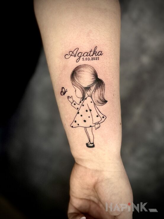 Tattoo Little Girl with a Butterfly in lettering motif and graphic / illustrative style on the forearm