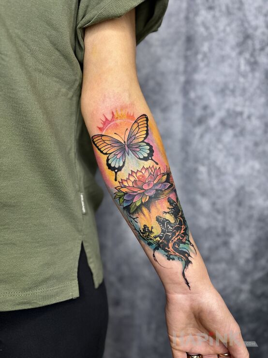 Tattoo Tattoo inspired by the client's dream in butterflies motif and graphic / illustrative style on the forearm