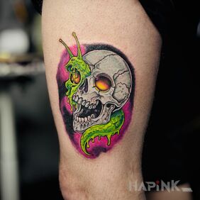 Tattoo Skull with a snail on the thigh motif: fantasy style: newschool