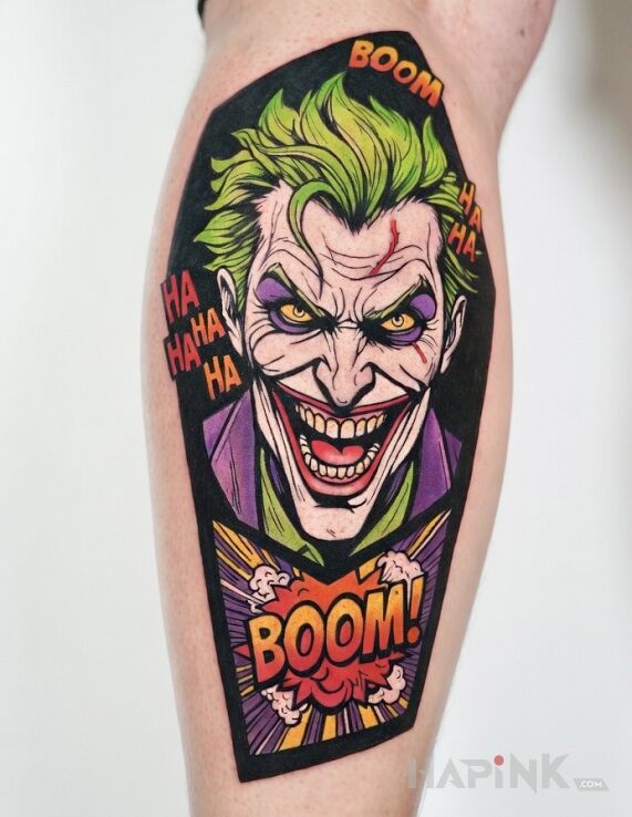 Tattoo Comic Joker in faces motif and cartoon / comic book style on the leg