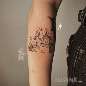 Tattoo Burning Cottage on the forearm motif: other style: graphic / illustrative