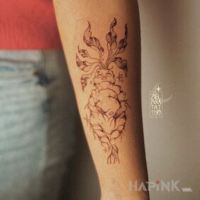 Tattoo Mandrake from the Harry Potter world on the forearm motif: fantasy style: graphic / illustrative