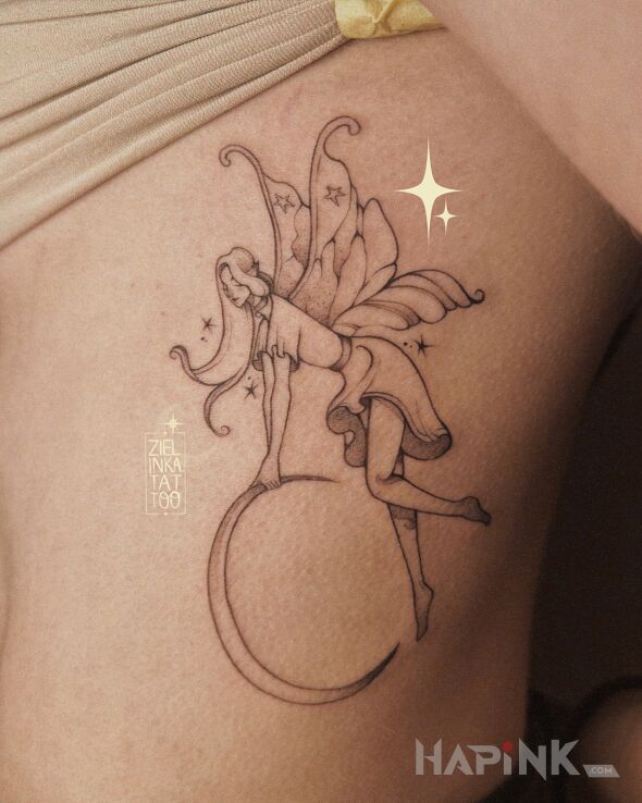 Tattoo Fairy and Crescent Moon in contour / linework style on the ribs