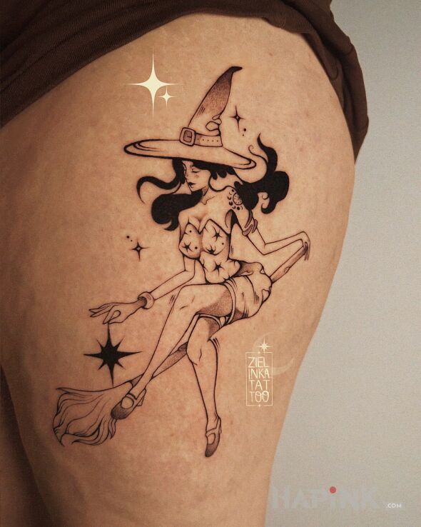 Tattoo Witch on a Broom in characters motif and graphic / illustrative style on the hip