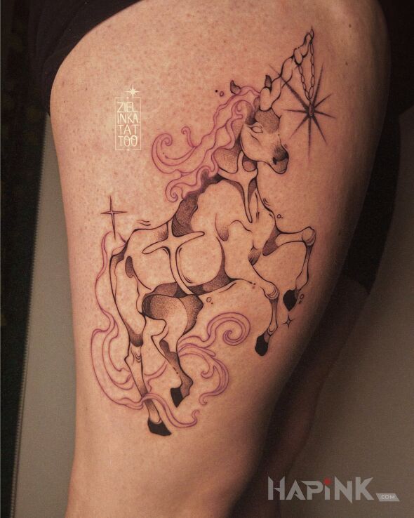 Tattoo Magical Unicorn in animals motif and graphic / illustrative style on the leg