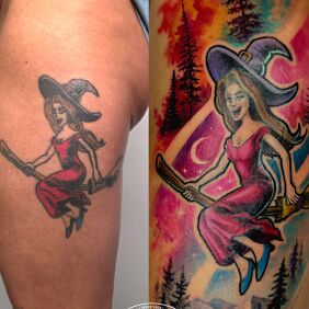 Tatuaż Nowa moc na udzie motyw: cover up styl: newschool