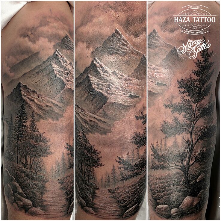 Tattoo Mountain Strength in 3D motif and realistic style on the thigh