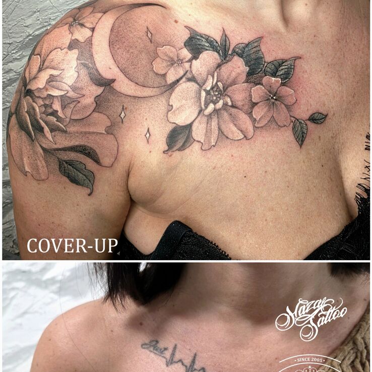 Tattoo Closing the old, opening the new in flowers motif and dotwork style on the collarbone