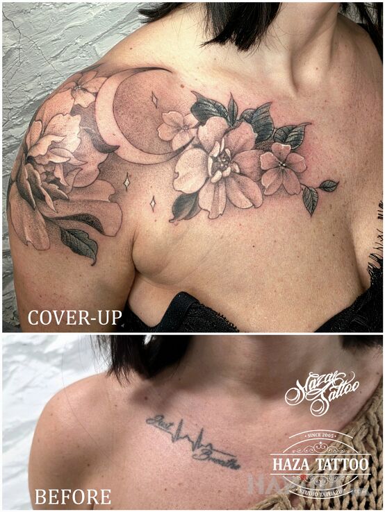 Tattoo Closing the old, opening the new in floral motif and realistic style on the shoulder