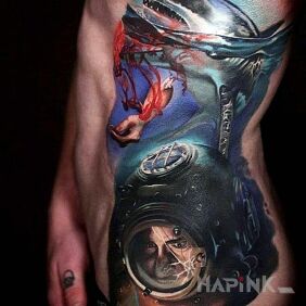 Tattoo At the bottom of the ocean on the ribs motif: colorful style: realistic