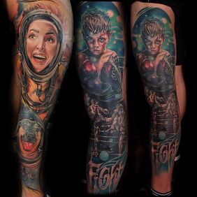 Tattoo Fight on the calf motif: legsleeves style: realistic