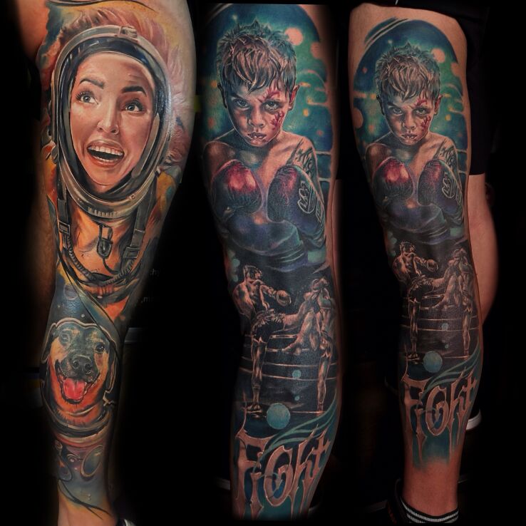 Tattoo Fight in Sport motif and realistic style on the leg