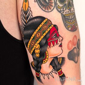Tattoo INDIAN WOMAN on the upper arm motif: faces style: oldschool