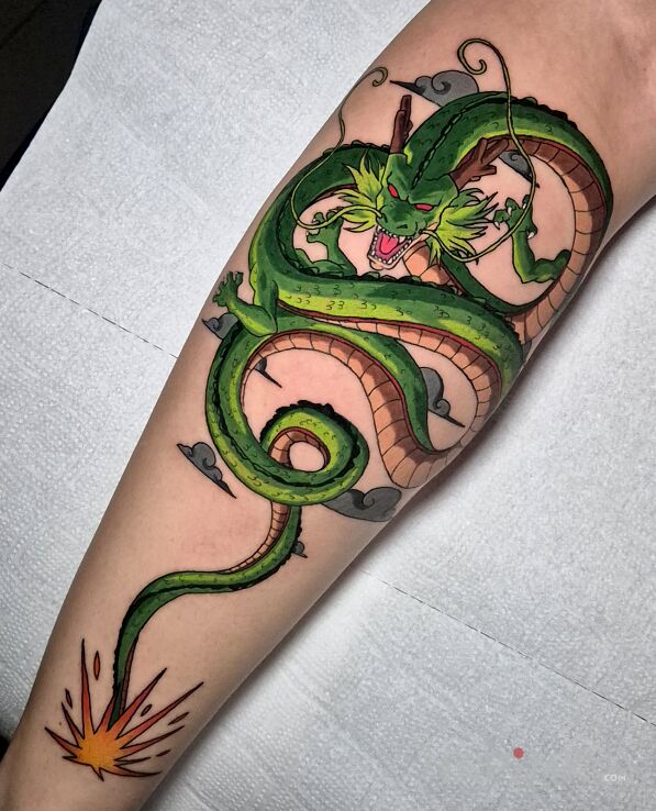 Tattoo Shenron Dragon Ball Anime in colorful motif and cartoon / comic book style on the forearm