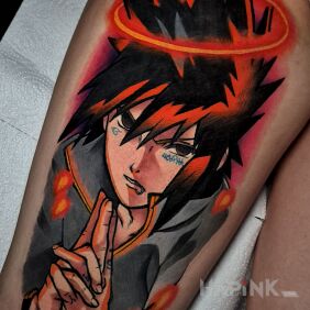 Tattoo Sasuke Uchiha Naruto Anime on the upper arm motif: manga / anime style: cartoon / comic book
