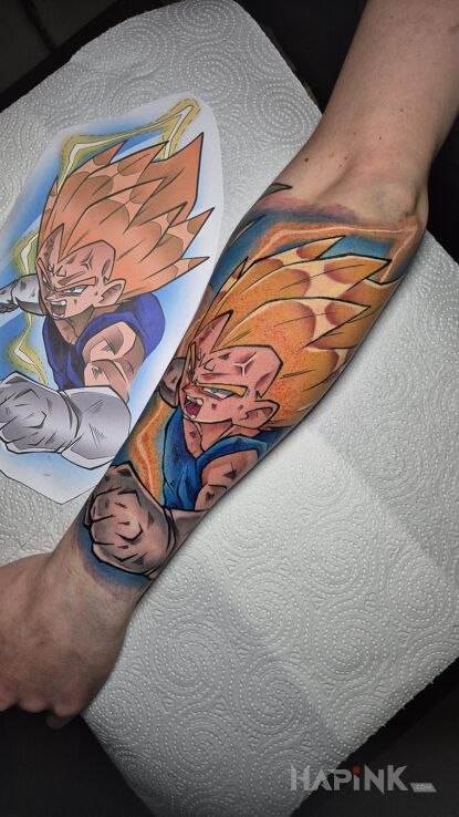 Tattoo Vegeta Dragon Ball in manga / anime motif and cartoon / comic book style On the arm