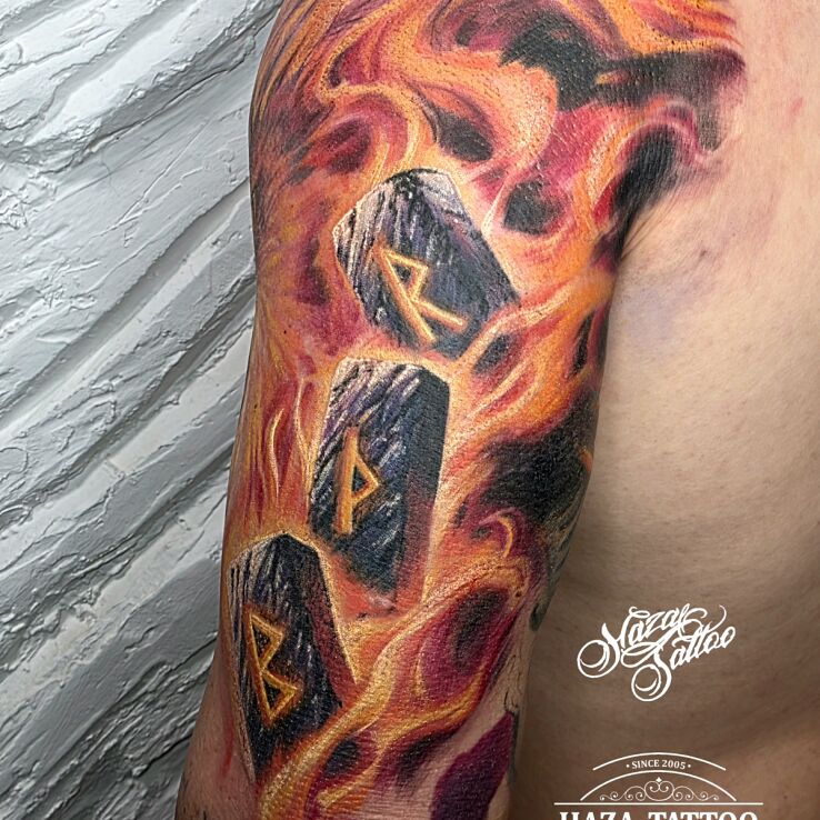 Tattoo Runes in Fire in colorful motif and Celtic / Nordic style on the shoulder
