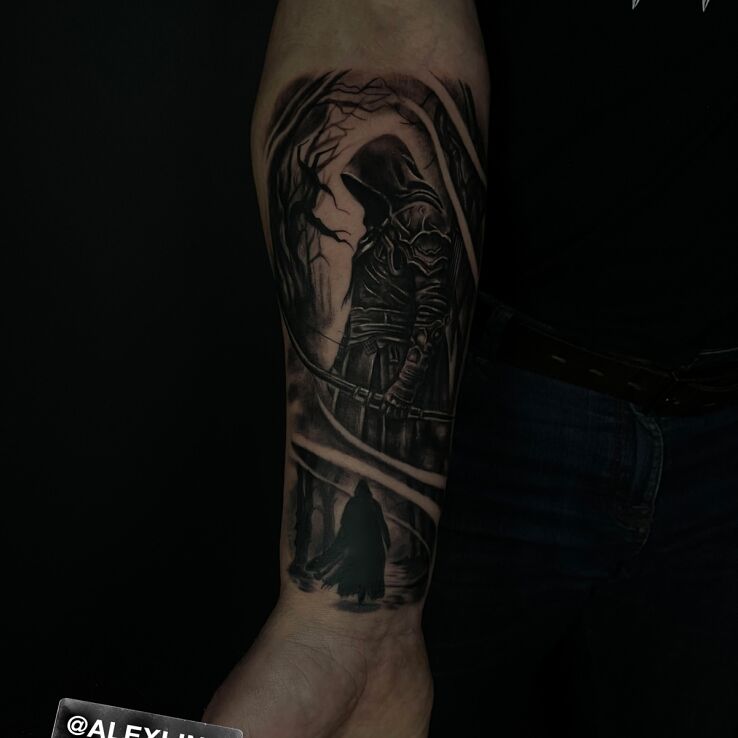 Tattoo Dark Archer in fantasy motif and realistic style on the forearm