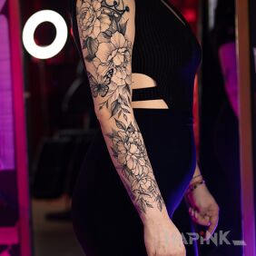 Tattoo Finished feminine sleeve, peonies and butterfly in delicate dotwork 🌸 on the forearm motif: floral style: dotwork