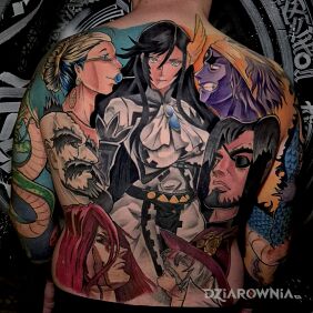 Tatuaż Shūmatsu no Valkyrie - Skończone plecy w kolorze 🔷 na palcach motyw: twarze styl: kreskówkowe / komiksowe