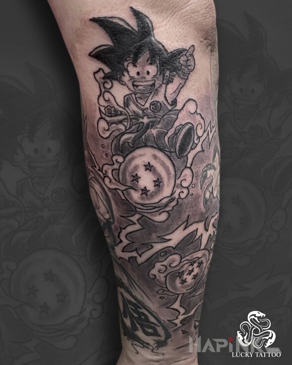Tattoo Son Goten on Kinto Cloud Tattoo – Black & Grey in characters motif and graphic / illustrative style On the arm