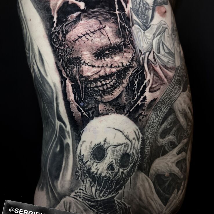 Tattoo Horror characters - fresh and healed in black and gray motif and realistic style on the ribs