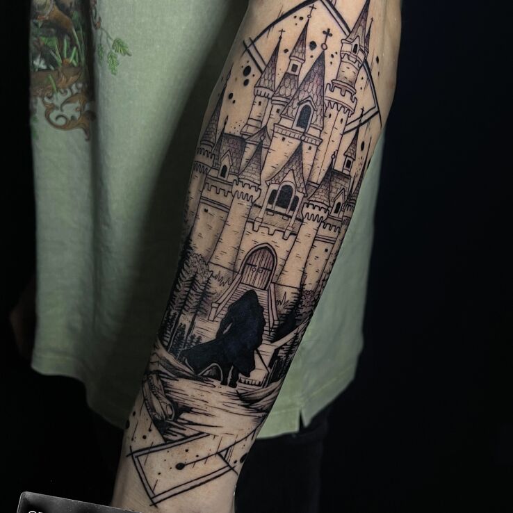 Tattoo Black figure in front of a castle in dark motif and graphic / illustrative style On the arm
