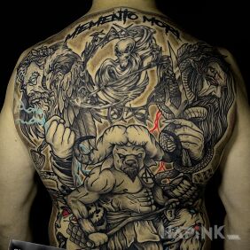 Tattoo Large full back composition - memento mori on the back motif: characters style: graphic / illustrative