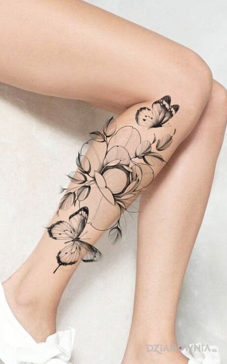 Wzór wolny projekt tatuażu delikatny kwiat i motyle - kontury / linework