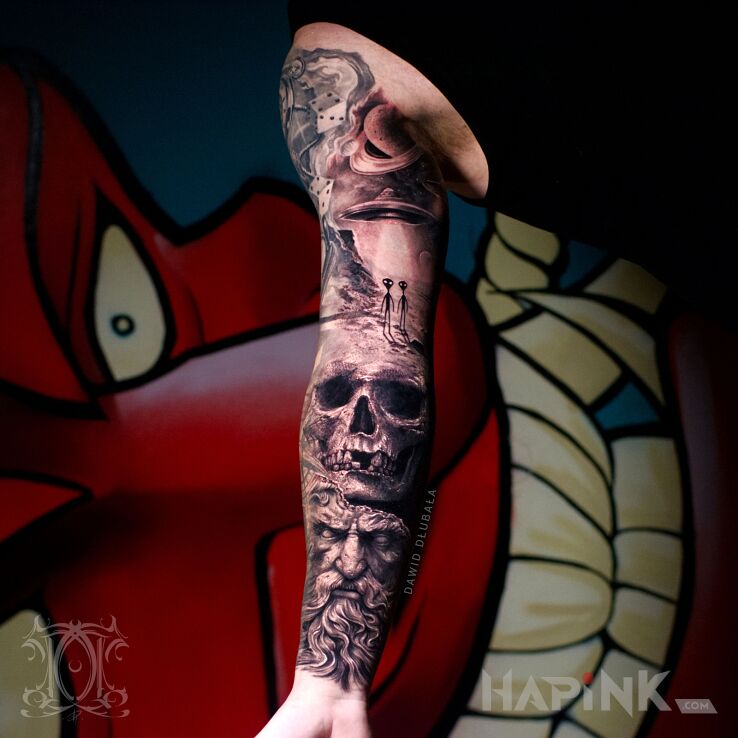 Tattoo Statue, Skull and UFO Sleeve in faces motif and surrealistic style on the forearm