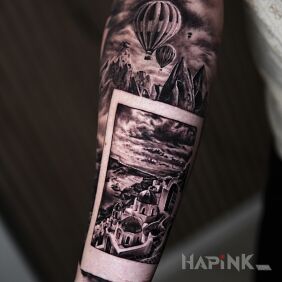 Tattoo Cappadocia x Santorini On the arm motif: nature style: realistic