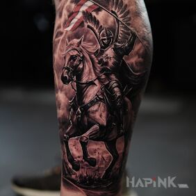 Tattoo Defeating the Austrians on the calf motif: patriotic style: realistic
