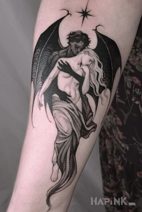 Tattoo In the Embrace of Lucifer in characters motif and graphic / illustrative style On the arm