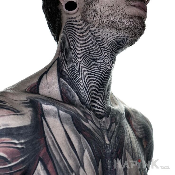 Tattoo Neck in black and gray motif and dotwork style on the throat