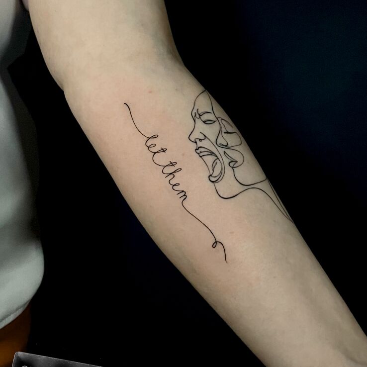 Tattoo Let them in black and gray motif and contour / linework style On the arm