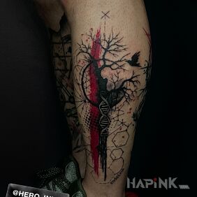 Tattoo Dark tree with DNA code on the calf motif: dark style: trash polka