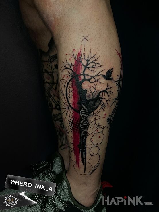 Tattoo Dark tree with DNA code in colorful motif and trash polka style on the leg