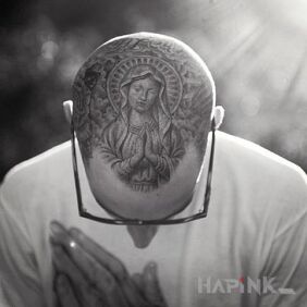 Tattoo Our Lady on the head motif: characters style: dotwork